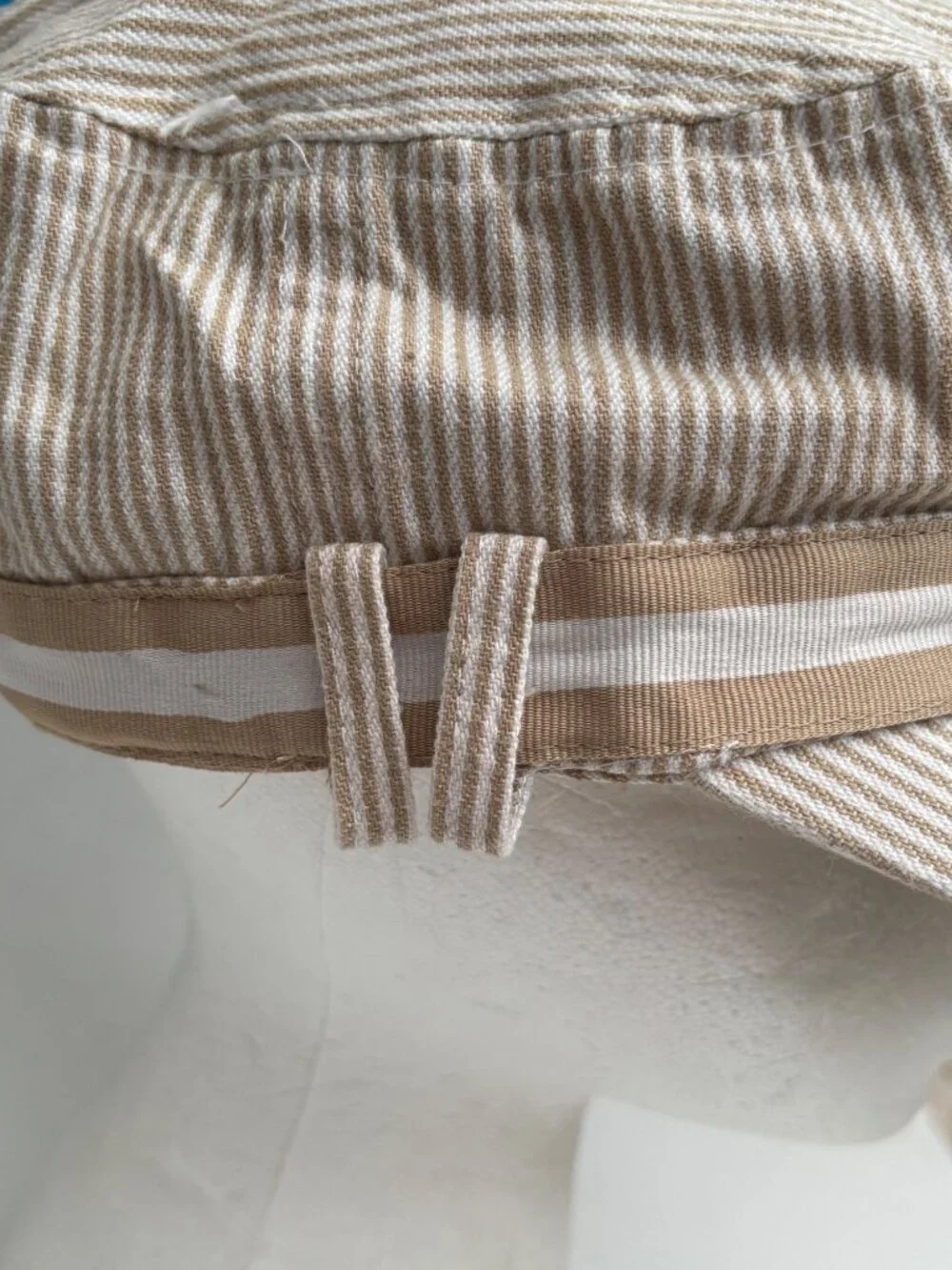 Striped Beige Cotton Blend Cap With  Band & White Ribbon Trim OSFM